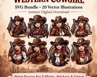 ウエスタンカウガールSVGバンドル – ベクターイラスト20点 | インスタントデジタルダウンロード | Tシャツ、ステッカー、クリカット用プリントデザイン