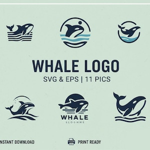 Puede incluir: Una colección de diseños de logotipos de ballenas en azul marino y blanco. Los logotipos presentan orcas estilizadas en varias poses, con elementos de olas y sol. El texto dice "WHALE LOGO SVG & EPS | 11 PICS", "INSTANT DOWNLOAD" y "PRINT READY".
