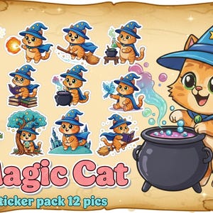 May include: A sticker pack featuring a cartoon orange cat wearing a blue wizard hat and cape. The cat is depicted in various magical scenarios, such as casting spells and brewing potions. The text "Magic Cat" and "Sticker pack 12 pics" are also visible.