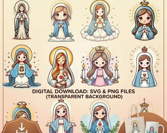 12体の聖母マリアのSVG、PNGクリップアート、かわいい聖母マリアのベクター画像、子供向けの宗教イラスト、かわいいマドンナの透明な背景、バンドル