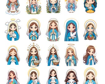 かわいい聖母マリアのちびキャラPNGクリップアート23点、聖母マリアのイラスト、かわいいカトリックステッカー、即時デジタルダウンロード、宗教的な印刷デザイン