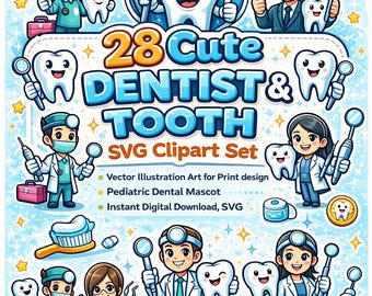 28種類のかわいい歯医者と歯のSVGクリップアートセット、印刷デザイン用のベクターイラストアート、歯科マスコット、インスタントデジタルダウンロード