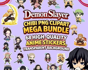 Demon Slayer Chibi PNG Clipart Mega Bundle - 68枚の高品質アニメステッカー、Tシャツ、ステッカー、プランナー用の透明な背景デザイン
