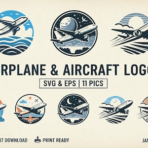 Puede incluir: Una colección de diseños de logotipos de aviones y aeronaves en un estilo vintage. Cada logotipo presenta un avión con varios elementos de fondo como nubes, olas y cuerpos celestes. Se muestra el texto "AIRPLANE & AIRCRAFT LOGO".