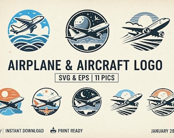 飛行機のロゴ SVG & EPS | インスタントデジタルダウンロード、印刷デザインベクターエンブレムロゴイラストアート