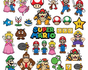 スーパーマリオPNGバンドル、マリオクリップアート24点、即時デジタルダウンロード、印刷デザイン、ルイージ、ピーチ、クッパ、ヨッシー、キノピオ、昇華ゲーマーアート
