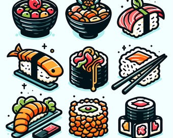 寿司ベクターバンドル16個のSVGファイル、日本食イラストセット、寿司ロールクリップアート、アジア料理グラフィック、即時デジタル、印刷デザイン