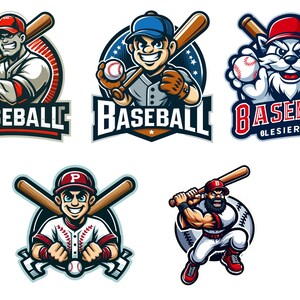 May include: Five baseball-themed graphic logos featuring cartoon characters, including players and a cat, holding bats and balls. The designs incorporate red, blue, and white colour schemes with the text BASEBALL prominently displayed in various fonts.