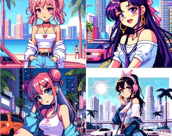 アニメガールズマイアミSVGバンドル37要素、即時デジタルダウンロード、印刷デザイン、Cricutおよび昇華プリント用レトロ美的クリップアート