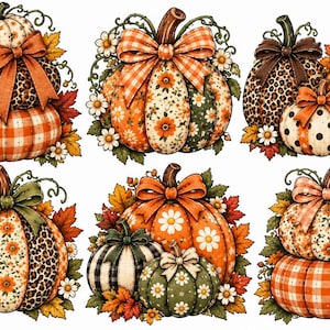 May include: A collection of six decorative pumpkin illustrations featuring various patterns including leopard print, orange plaid, floral motifs, and polka dots. Each pumpkin is adorned with fabric-style bows, autumn leaves, and small white daisy flowers.
