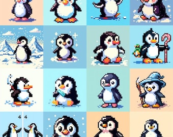 20 ペンギン ピクセルアート SVG、8 ビット ゲーム キャラクター クリップアート、レトロ ビデオゲーム ペンギン バンドル、インスタント デジタル、ベクター グラフィックス プリント デザイン
