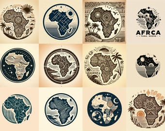 アフリカ地図SVGバンドル、アフリカ部族のベクターアイコン、アフリカの民族模様のクリップアート、12個のSVGファイル、インスタントデジタルダウンロード、印刷デザイン