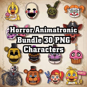 May include: A collection of cartoon character images from the Horror Animatronic Bundle 30 PNG Characters. The images include a variety of colorful, stylized characters with distinct features, such as a cupcake, a pirate hat, and a top hat.