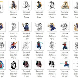 May include: A collection of digital illustrations featuring samurai skeletons in various poses. The images are in color and black and white, with some holding swords or in action poses. The text "Samurai skeleton" is present.