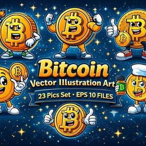 May include: A digital illustration featuring cartoon Bitcoin characters in various poses. The characters are gold coins with arms, legs, and facial features. The background is a dark blue with stars. Text reads "Bitcoin Vector Illustration Art".
