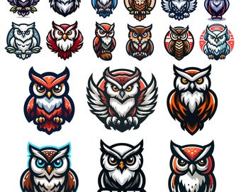 フクロウのマスコットベクターバンドル17個のSVGファイル、eスポーツフクロウロゴセット、ゲームマスコットクリップアート、鳥のエンブレムパック、即時デジタルダウンロード、印刷デザイン