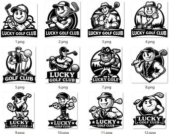 ラッキーゴルフクラブの漫画マスコットロゴ12個 SVG PNG インスタントデジタルダウンロード 印刷デザイン ベクターファイル Cricut Silhouette対応