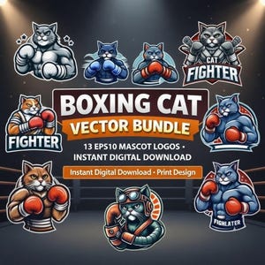 ボクシング猫ベクターバンドル - 13 EPS10 マスコットロゴ、インスタントデジタルダウンロード、印刷デザイン、MMAジムスポーツ猫クリップアート