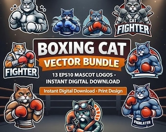 ボクシング猫ベクターバンドル - 13 EPS10 マスコットロゴ、インスタントデジタルダウンロード、印刷デザイン、MMAジムスポーツ猫クリップアート
