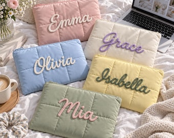Personalized Quilted Laptop Sleeve, Custom Braided Cord Name Laptop Case, Cotton 13-14 Inch Computer Bag, Padded Laptop Cover, Gift for Her