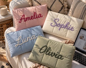 Personalized Laptop Sleeve, Custom Name Quilted Laptop Case, Braided Cord Computer Bag, Cotton Padded Sleeve, College Gift for Her