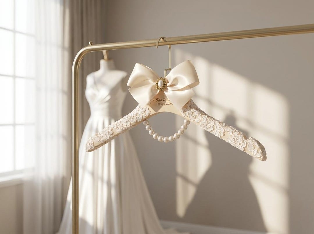 Bridal Hanger, Wedding Name Hanger, Personalized Pearl Hanger, Engraved Custom Hanger, Dress Hanger, Wedding Gifts - Lace Pearl A