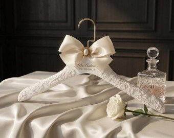 Lace Bridal Hanger with Pearl Chain, Engraved Wedding Dress Hanger, Custom Satin Bow Keepsake, Quinceanera Gift, Class of 2026