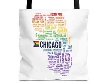 Chicago Neighborhoods Pride Tote Bag | Rainbow City Map Tote