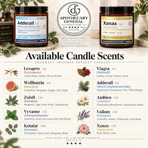 May include: Two amber glass jars with black lids, labeled Adderall and Xanax, featuring pharmacy-style text and 8 oz soy and beeswax candle details. Below, a chart lists ten candle scents with botanical illustrations and medication names.