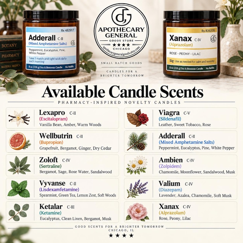 May include: Two amber glass jars with black lids, labeled Adderall and Xanax, featuring pharmacy-style text and 8 oz soy and beeswax candle details. Below, a chart lists ten candle scents with botanical illustrations and medication names.