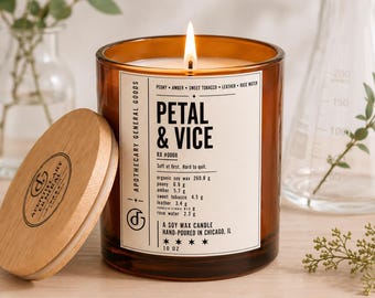 Petal & Vice Organic Candle | Peony, Amber, Sweet Tobacco, Leather (10oz) with optional Upcycling