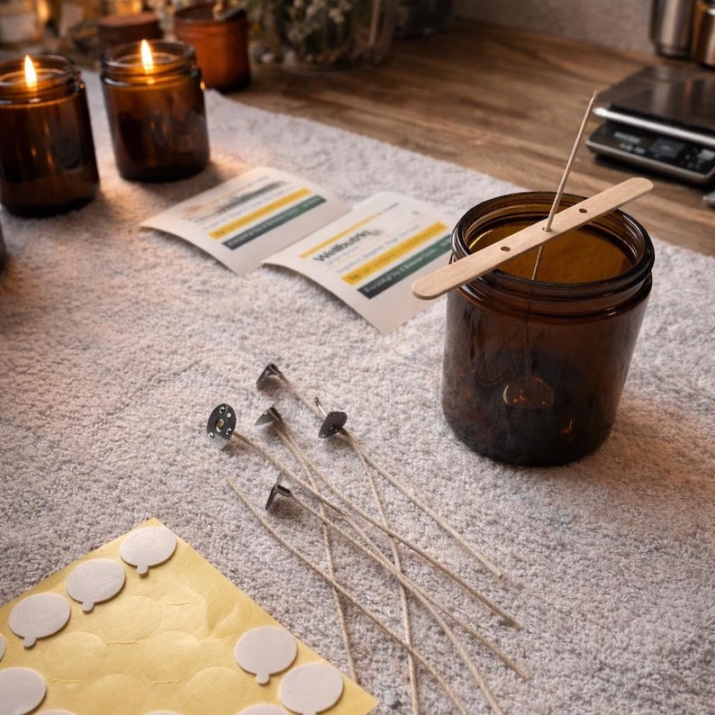 May include: A candle making kit featuring amber glass jars, two lit candles, a set of cotton wicks with metal bases, a wooden wick centering tool, and a sheet of circular adhesive stickers. The labels on the paper inserts display the text Wellburn.