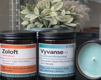 Colección de velas de soja modernas y divertidas inspiradas en las farmacias.