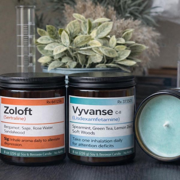Modern, Medical Pharmacy Inspired Humorous Parody Soy Poured Candle Collection
