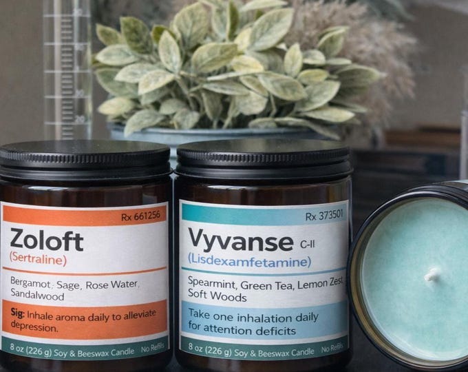 Featured listing image: Modern, Medical Pharmacy Inspired Humorous Parody Soy Poured Candle Collection