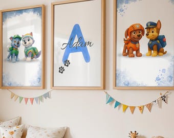 Paw Patrol Rettungswelpen Prints 3er-Set Kinderzimmer I Baby Digitale Poster Drucken personalisierte Name Kleinkind Jungen / Mädchen Dekor