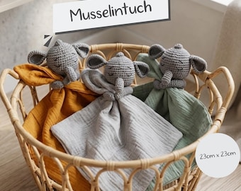 Schmusetuch & Schnuffeltuch für Babys und Kinder aus Musselin als Geschenk zur Geburt für Jungen und Mädchen mit Rassel gehäkelt
