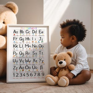 May include: A framed educational poster with the German alphabet and numbers, next to a large teddy bear and a small child holding a teddy bear. The poster is white with black text and colorful illustrations. The child is wearing a white long-sleeved shirt.