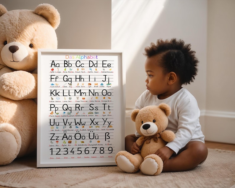 May include: A framed educational poster with the German alphabet and numbers, next to a large teddy bear and a small child holding a teddy bear. The poster is white with black text and colorful illustrations. The child is wearing a white long-sleeved shirt.