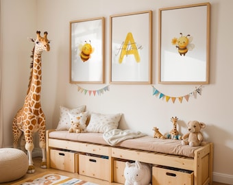 3er Posterset Personalisierbar, Kinderzimmer, Kinderposter Biene, Frühling Sommer Bilderset, Kinderzimmerbilder Babyzimmer Tierposter