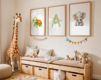 3er Posterset Personalisierbar, Kinderzimmer, Kinderposter Schildkröte Elefant, Frühling Sommer Bilderset, Kinderzimmerbilder Babyzimmer