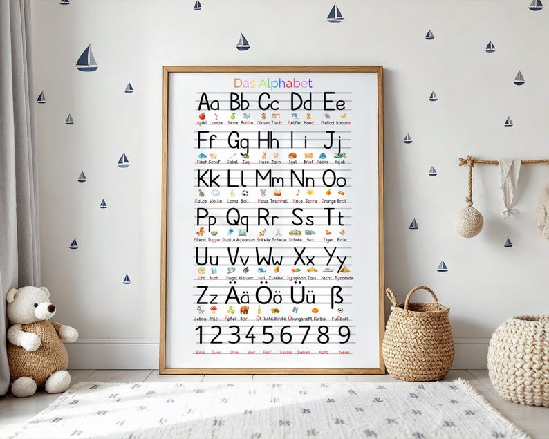 May include: A framed educational poster featuring the German alphabet, with colorful illustrations for each letter. The poster includes numbers 1-9 at the bottom. The room has a nautical theme with sailboat wall decals and a teddy bear.