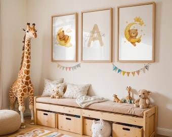 3er Posterset Personalisierbar, Kinderzimmer, Kinderposter Mond Bären, Frühling Sommer Bilderset, Kinderzimmerbilder Babyzimmer Tierposter