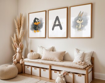 3er Posterset Personalisierbar, Kinderzimmer, Kinderposter Looney Tunes, Frühling Sommer Bilderset, Kinderzimmerbilder Babyzimmer Tierposter