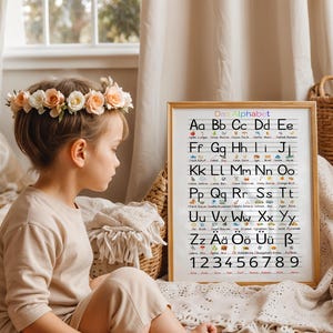 May include: A framed educational poster with the German alphabet, titled "Das Alphabet," is displayed. The poster features colorful letters and numbers. A young person wearing a floral crown sits nearby, suggesting a learning environment.