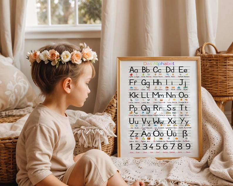 May include: A framed educational poster with the German alphabet, titled "Das Alphabet," is displayed. The poster features colorful letters and numbers. A young person wearing a floral crown sits nearby, suggesting a learning environment.