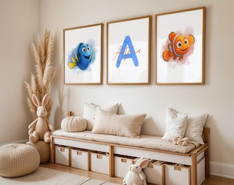 3er Posterset Personalisierbar, Kinderzimmer, Kinderposter Findet Nemo, Frühling Sommer Bilderset, Kinderzimmerbilder Babyzimmer Tierposter