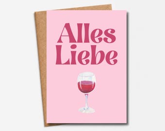Birthday card with "All the best" and a wine glass | Modern pink card | Loving birthday card for wife, girlfriend, sister & best friend