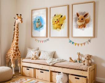 8er Pokemon Plüsch Poster Set, Pokemon Kinderzimmer Dekor, Druckbares Baby Geschenk für Jungen (Digitaler Download)