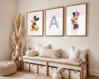 3er Posterset Personalisierbar, Kinderzimmer, Kinderposter Micky Maus, Frühling Sommer Bilderset, Kinderzimmerbilder Babyzimmer Tierposter
